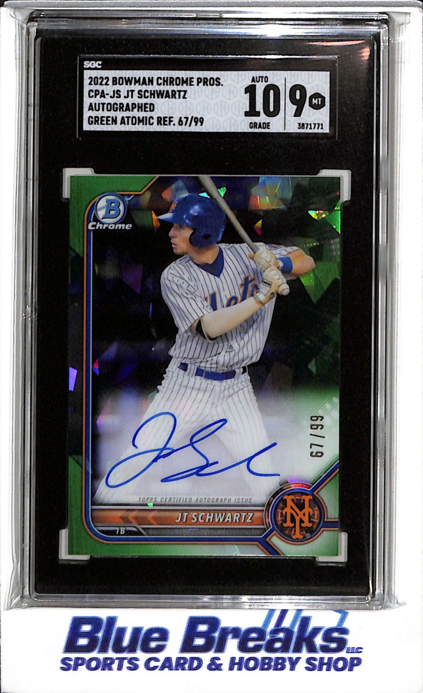 2022 Topps - Bowman Chrome - Green Atomic Refractor - Autographed - JT Schwartz - SGC9 - 67/99 - #CPA-JS - Baseball - Mets - drop
