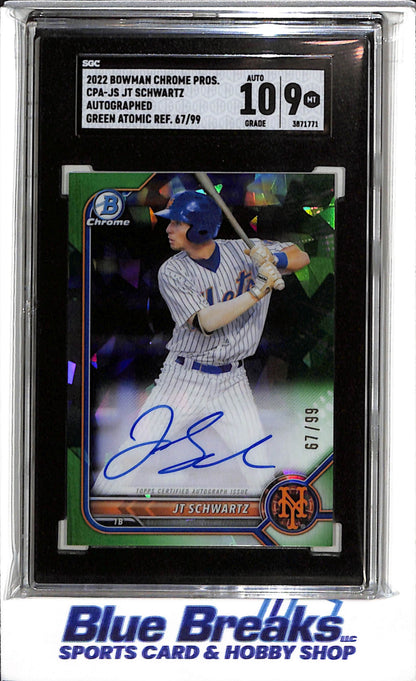 2022 Topps - Bowman Chrome - Green Atomic Refractor - Autographed - JT Schwartz - SGC9 - 67/99 - #CPA-JS - Baseball - Mets - drop