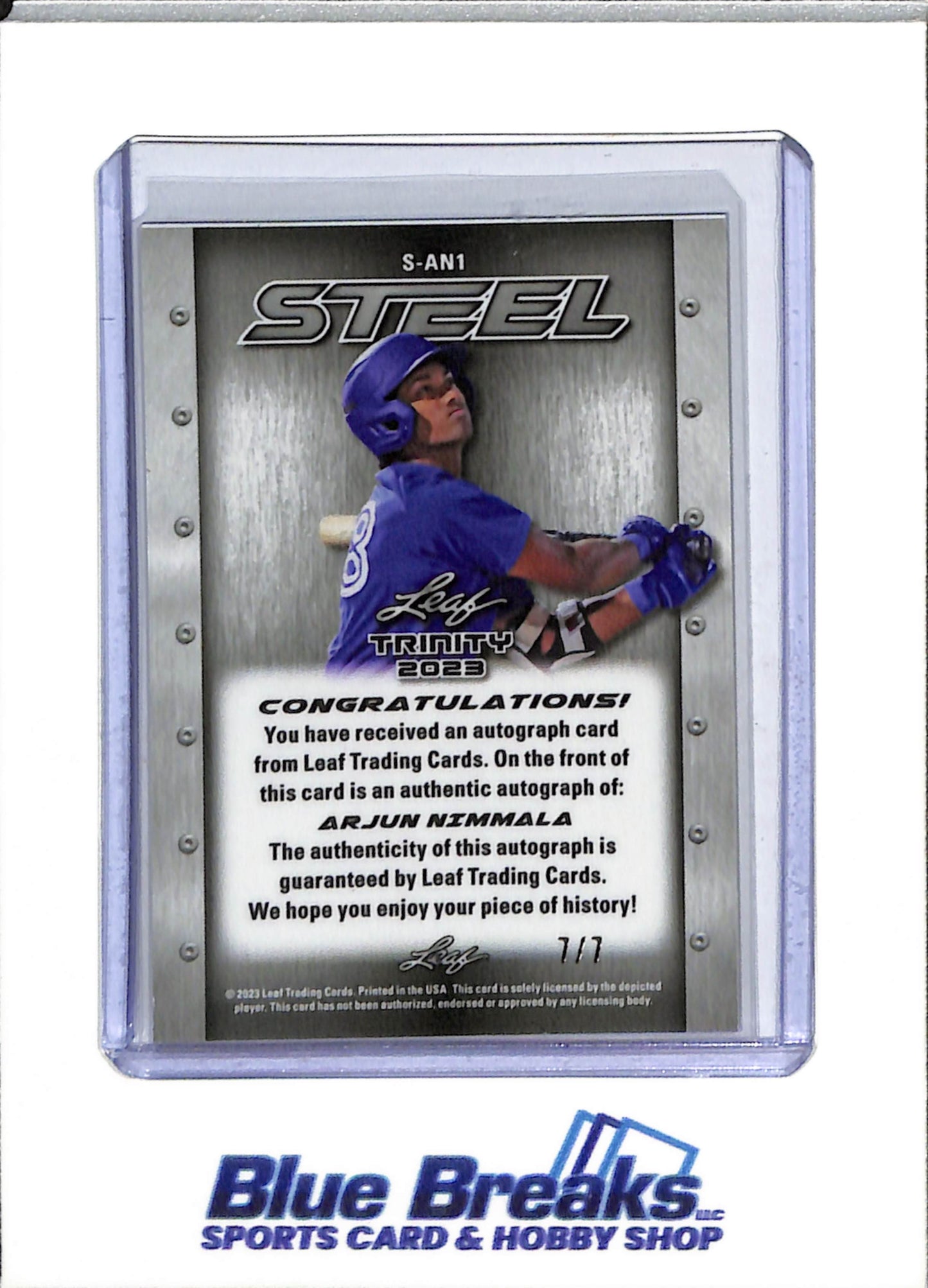 2023 Leaf - Lutetium Steel - Trinity - Blue Cracked Ice - Arjun Nimmala - 7/7 - #S-AN1 - Baseball - Blue Jays - drop