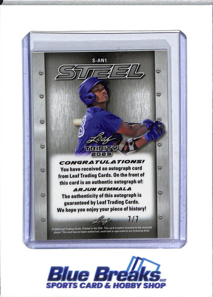 2023 Leaf - Lutetium Steel - Trinity - Blue Cracked Ice - Arjun Nimmala - 7/7 - #S-AN1 - Baseball - Blue Jays - drop