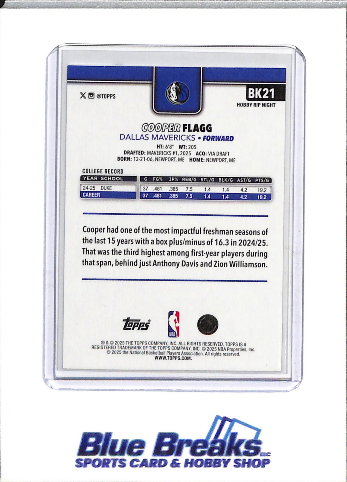 2025 Topps - RIP Night - Rookie Card - Cooper Flagg - #BK21 - Basketball - Mavericks - drop