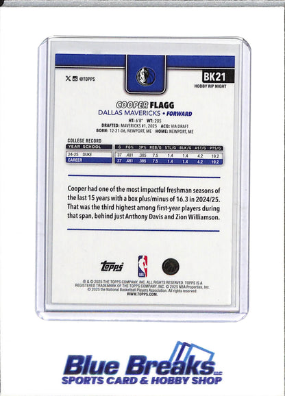 2025 Topps - RIP Night - Rookie Card - Cooper Flagg - #BK21 - Basketball - Mavericks - drop