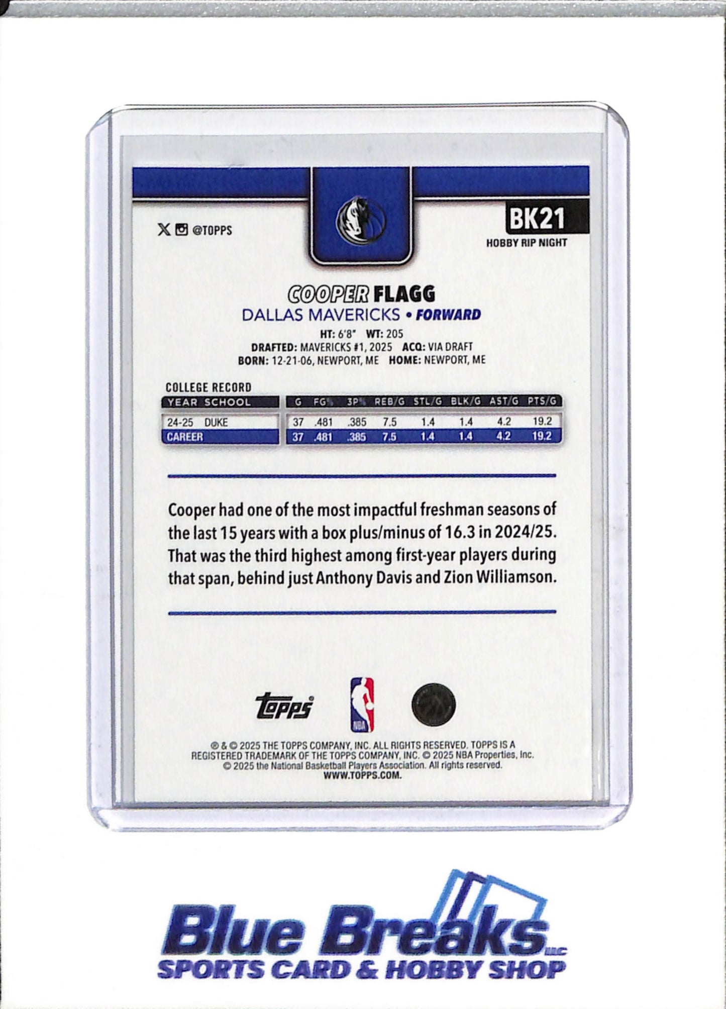 2025 Topps - RIP Night - Rookie Card - Cooper Flagg - #BK21 - Basketball - Mavericks - drop
