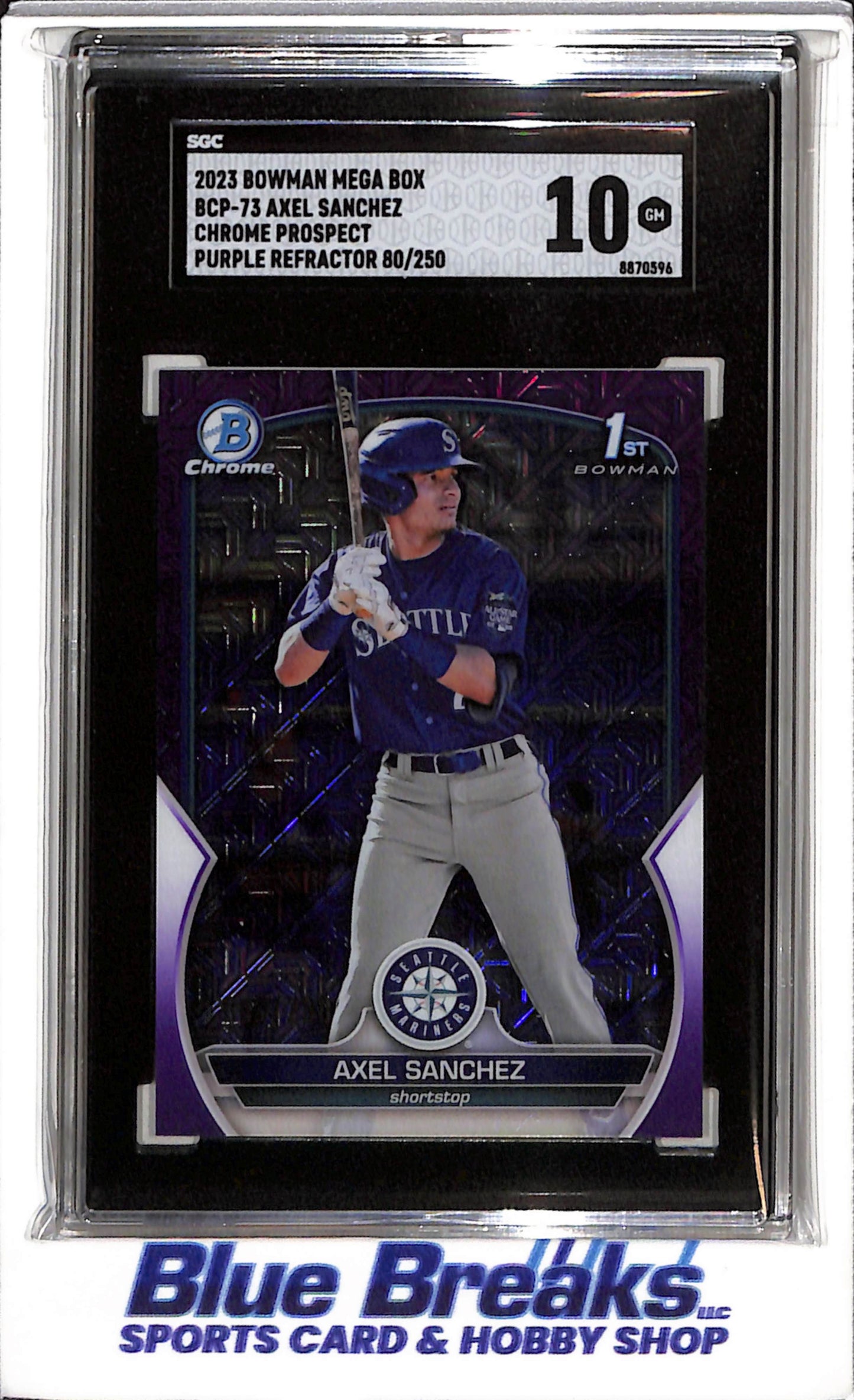 2023 Topps - Bowman Chrome - Mega Box - Prospect - Purple Refractor - Axel Sanchez - SGC10 - 080/250 - #BCP-73 - Baseball - Mariners - drop