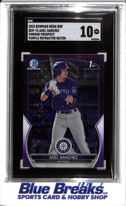 2023 Topps - Bowman Chrome - Mega Box - Prospect - Purple Refractor - Axel Sanchez - SGC10 - 080/250 - #BCP-73 - Baseball - Mariners - drop