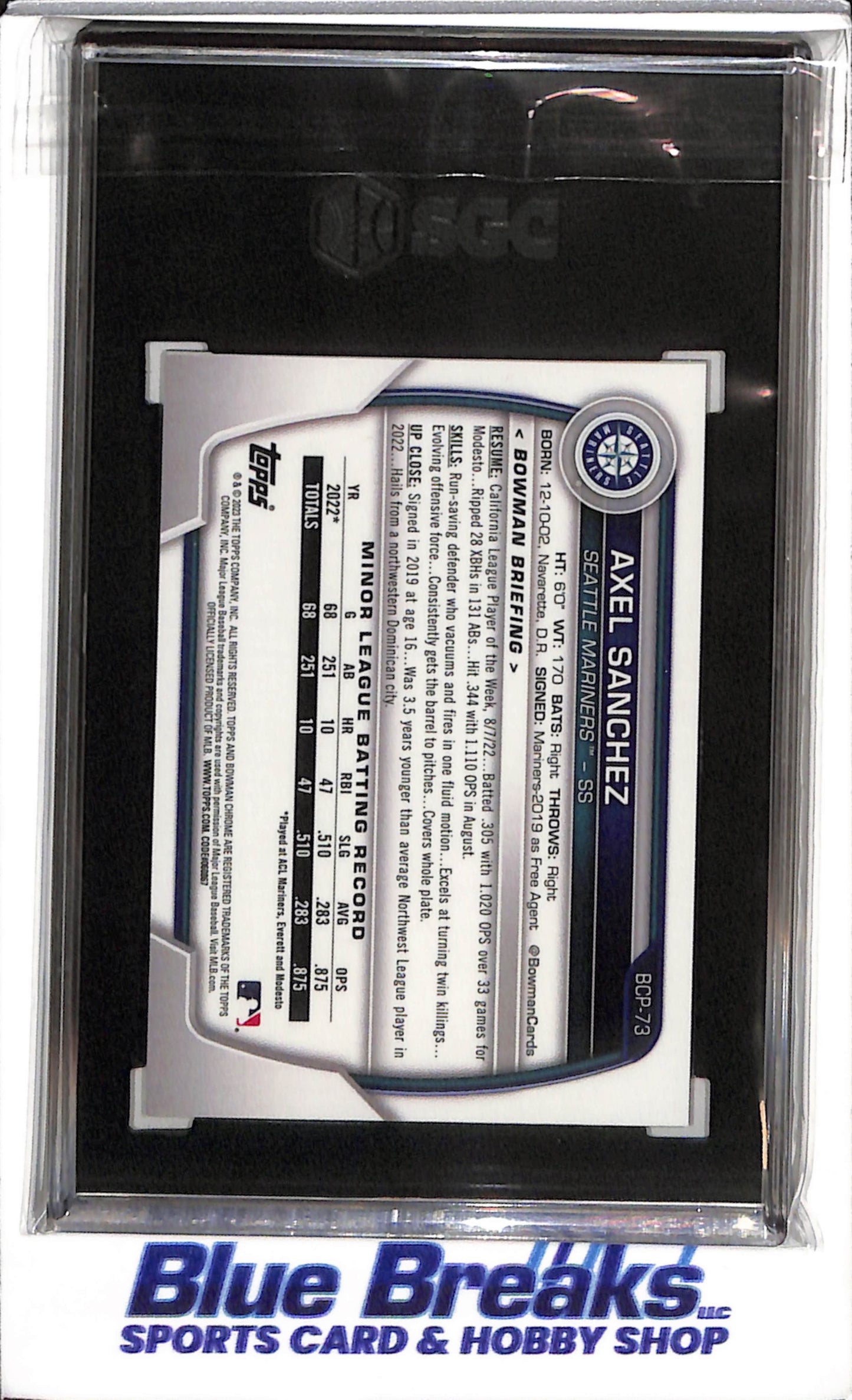 2023 Topps - Bowman Chrome - Mega Box - Prospect - Purple Refractor - Axel Sanchez - SGC10 - 080/250 - #BCP-73 - Baseball - Mariners - drop