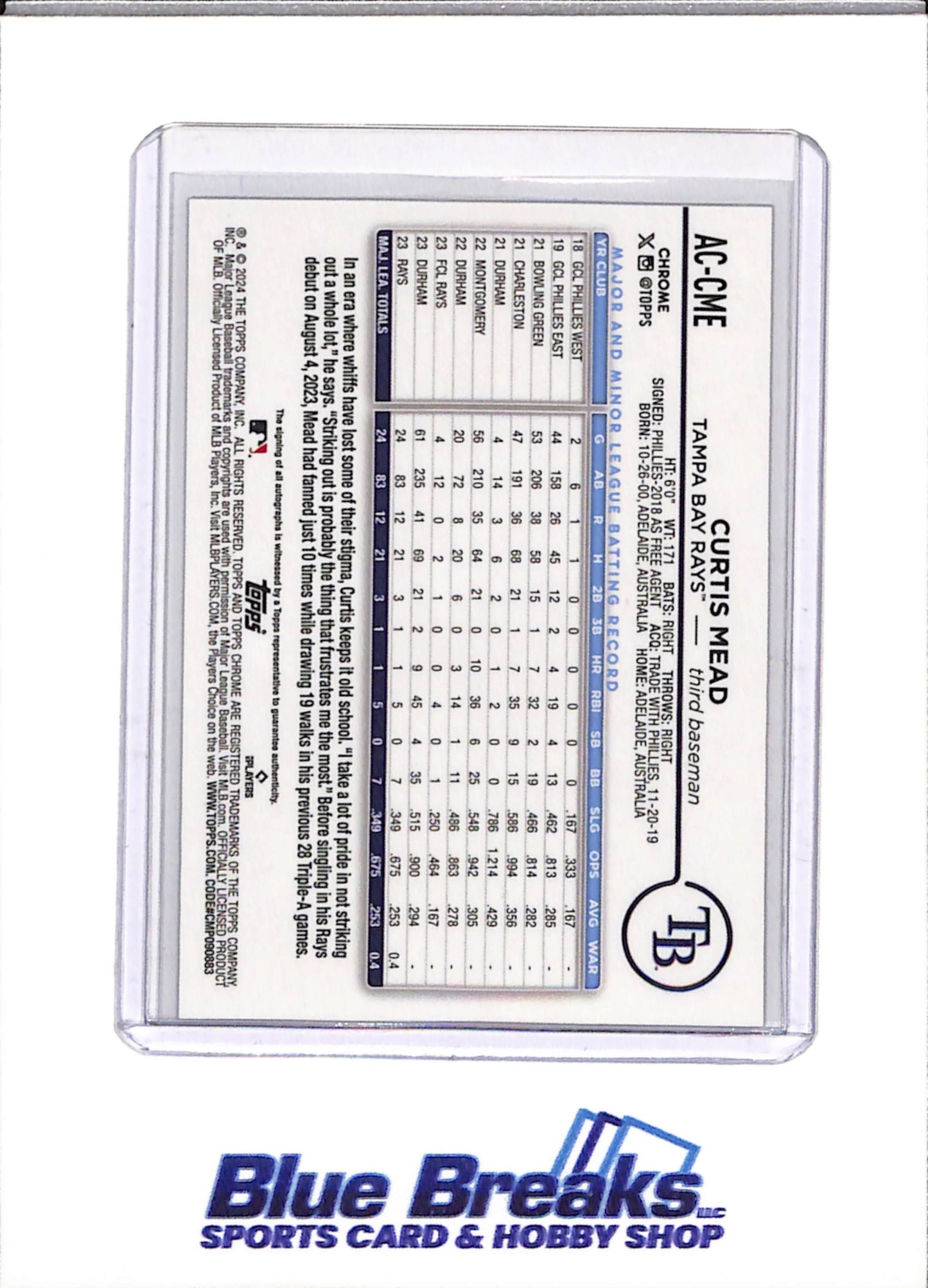 2024 Topps - Chrome - Rookie Card - Auto - Curtis Mead - 08/10 - #AC-CME - Baseball - Ray's - drop