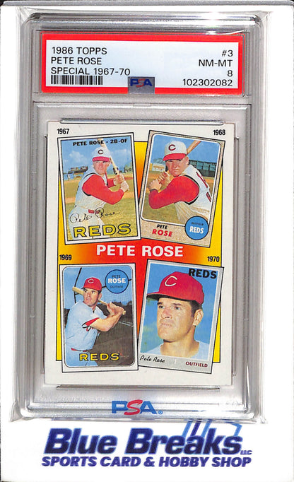 1986 Topps - Special 1967-70 - Pete Rose - PSA8 - #3 - Baseball - Reds - drop