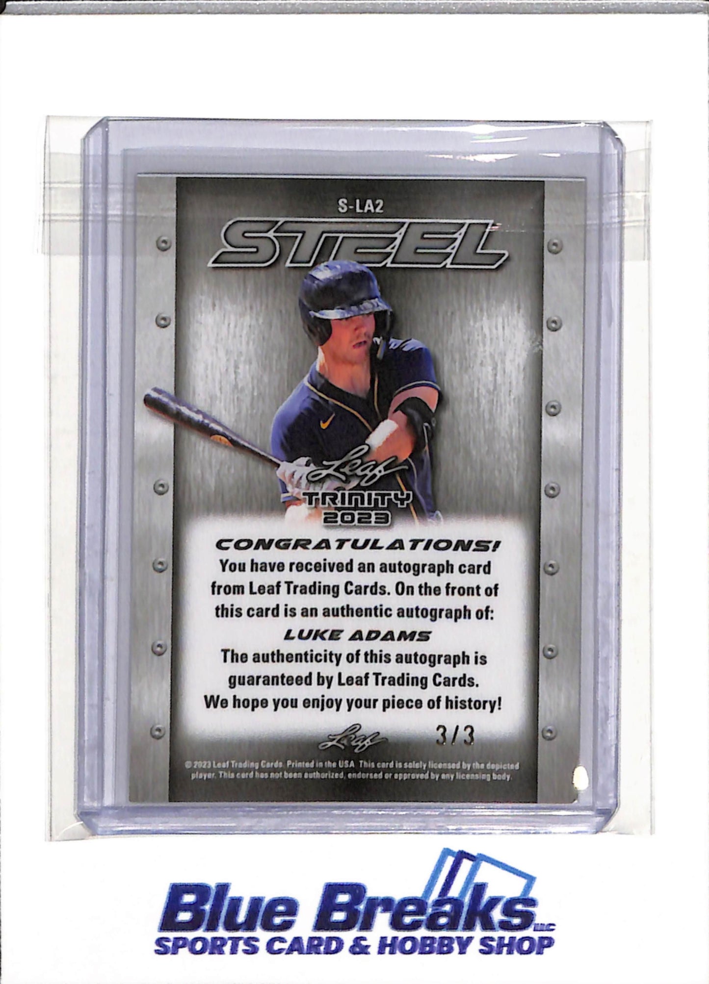 2023 Leaf - Trinity - Cracked Ice - Lutetium Steel - Luke Adams - 3/3 - #S-LA2 - Baseball - Brewers - drop