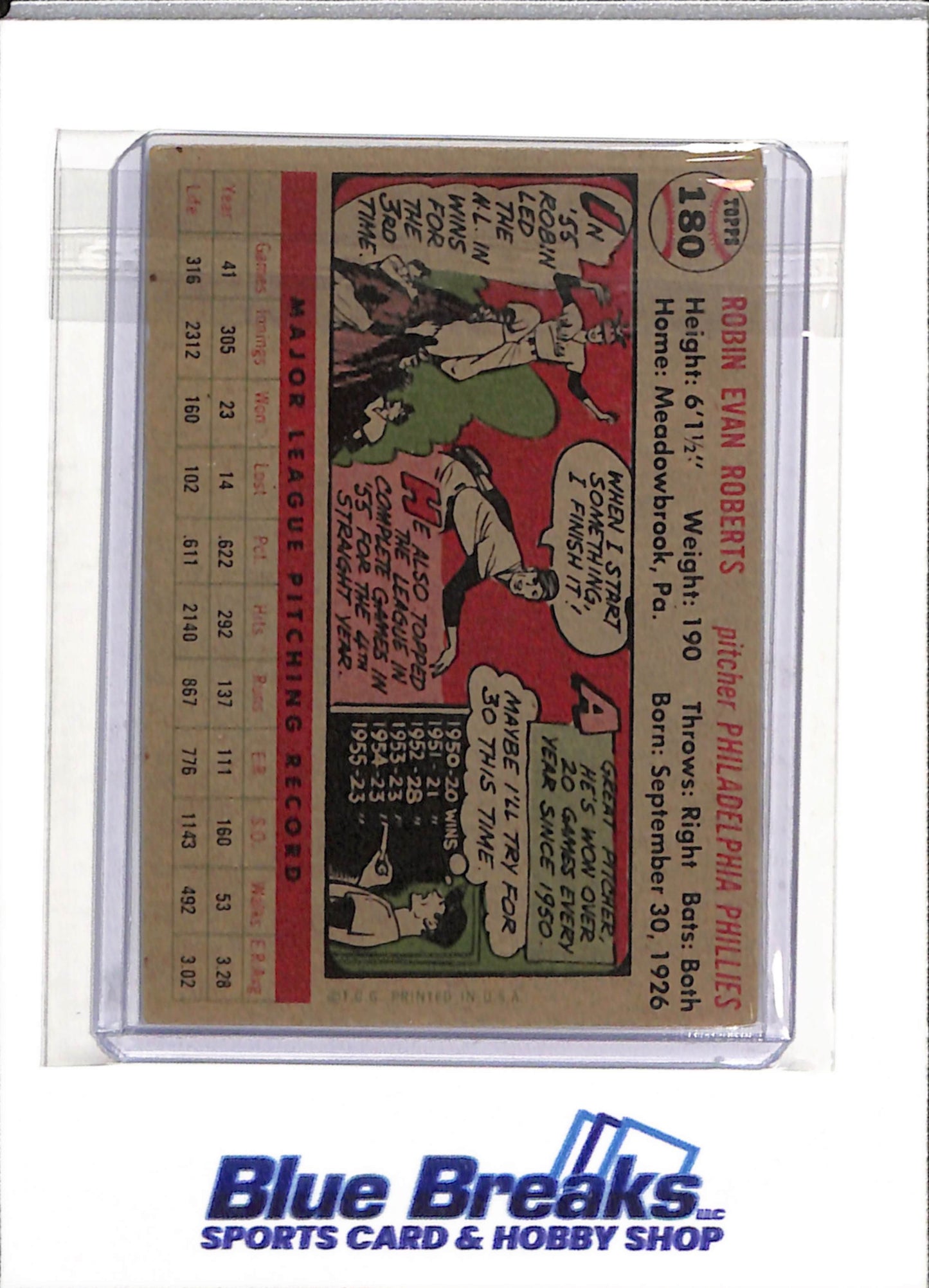 1956 Topps - Robin Roberts - #180 - Baseball - Phillies - drop