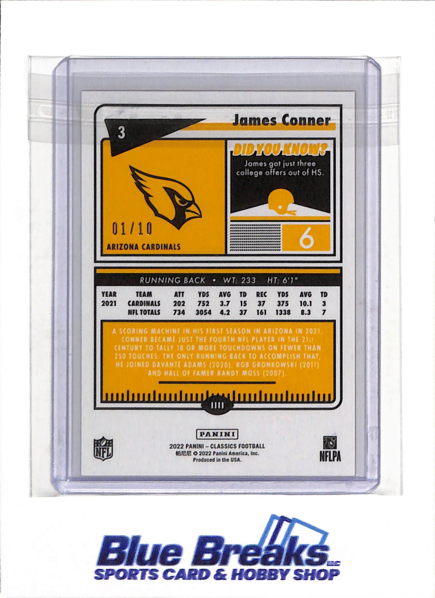 2022 Panini - Classics - James Conner - 01/10 - #3 - Football - Cardinals - drop