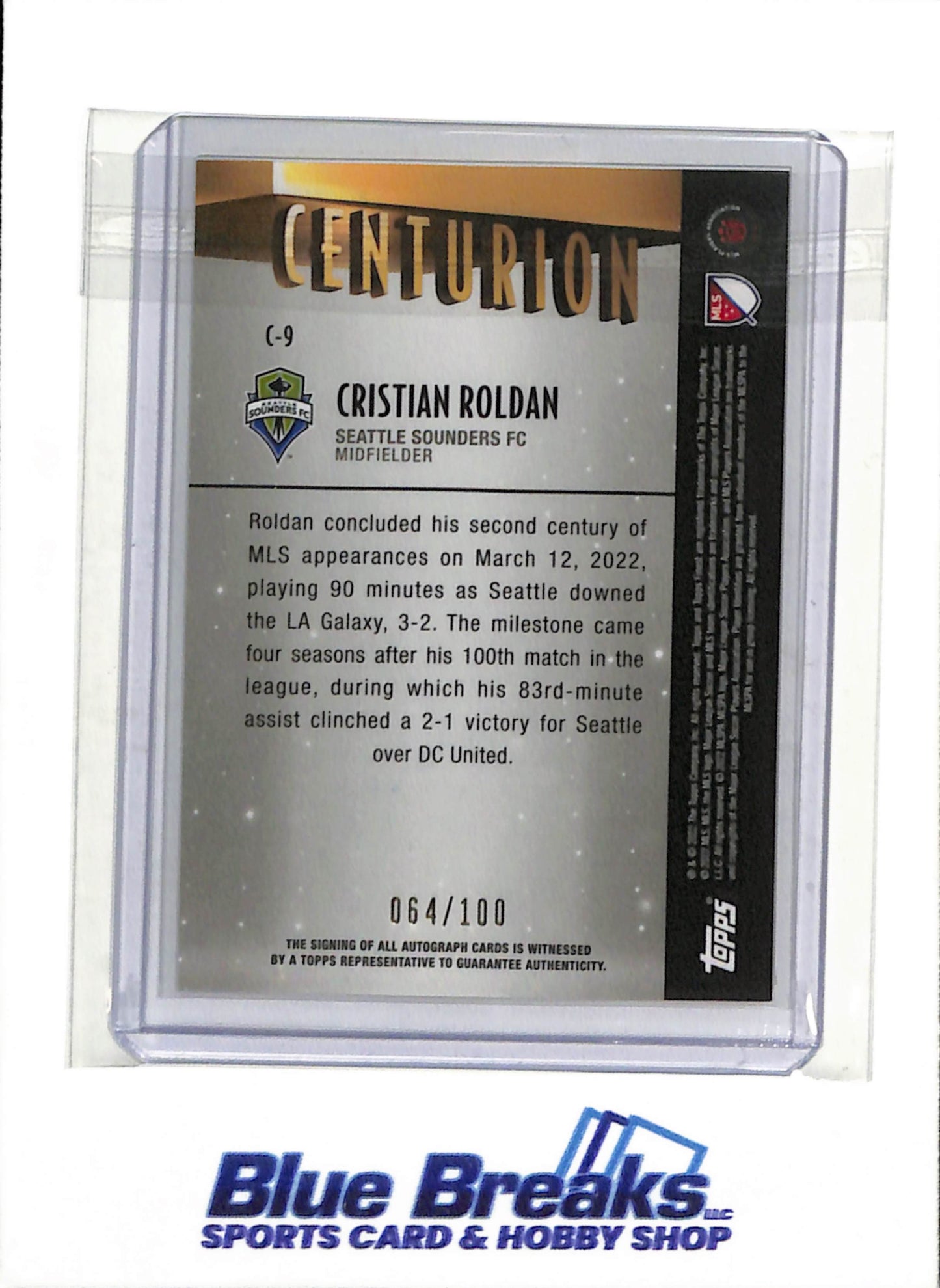 2022 Topps - Finest - Auto - Centurion - Cristian Roldan - 064/100 - Soccer - Sounders - drop