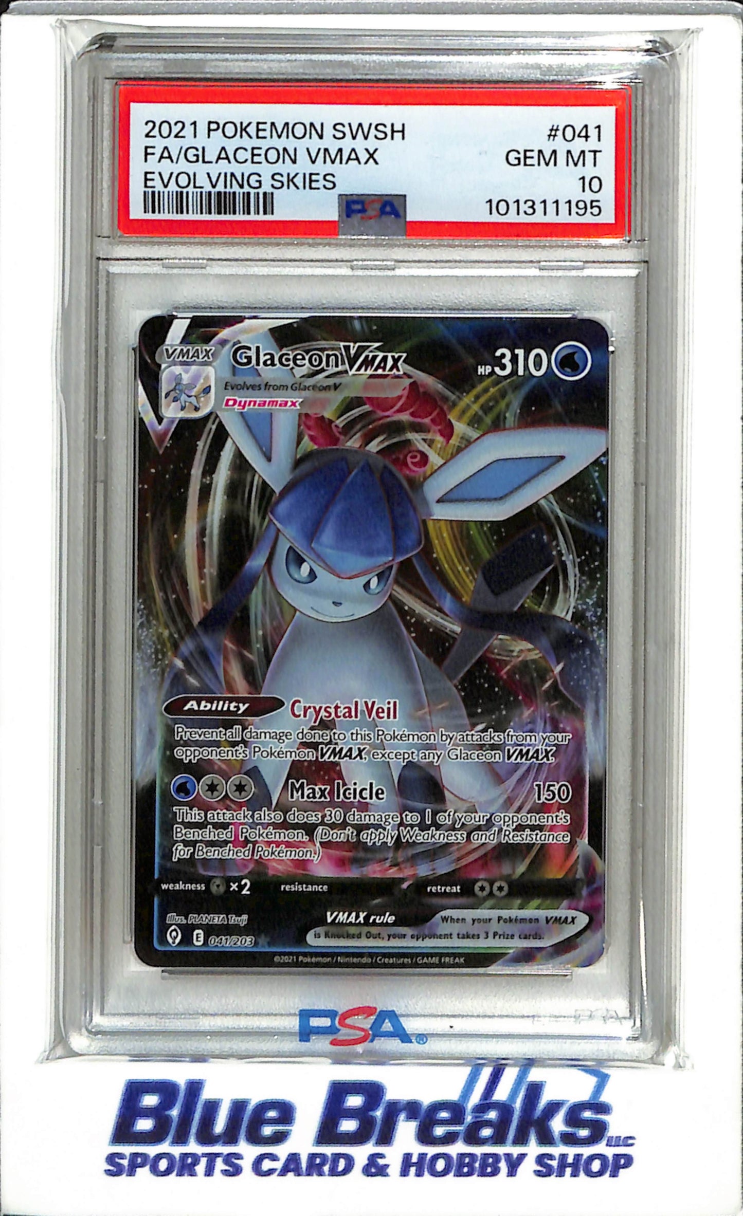 2021 Pokemon - Evolving Skies - Illustration Rare Foil - Glaceon Vmax - PSA10 - #041/203 - drop