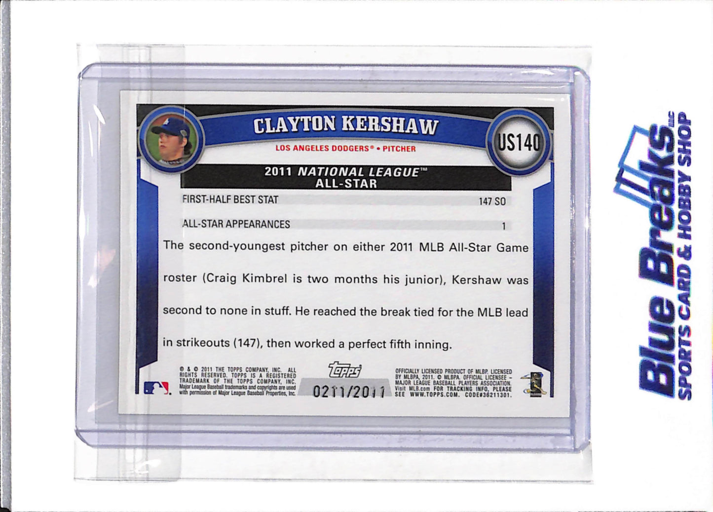 2011 Topps - 60 Years of Collecting - MLB All-Star Game - Clayton Kershaw - 0211/2011 - #US140 - Baseball - Dodgers - drop