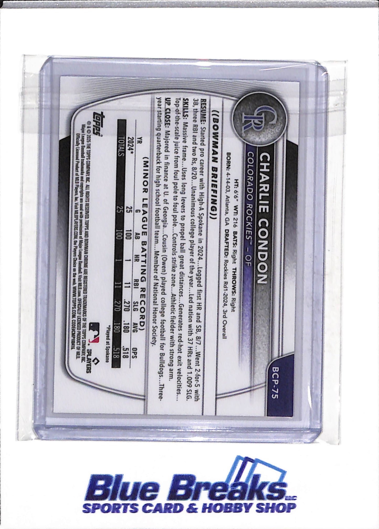 2025 Topps - Bowman Chrome - Purple Groovy - Charlie Condon - 137/250 - #BCP-75 - Baseball - Rockies - drop