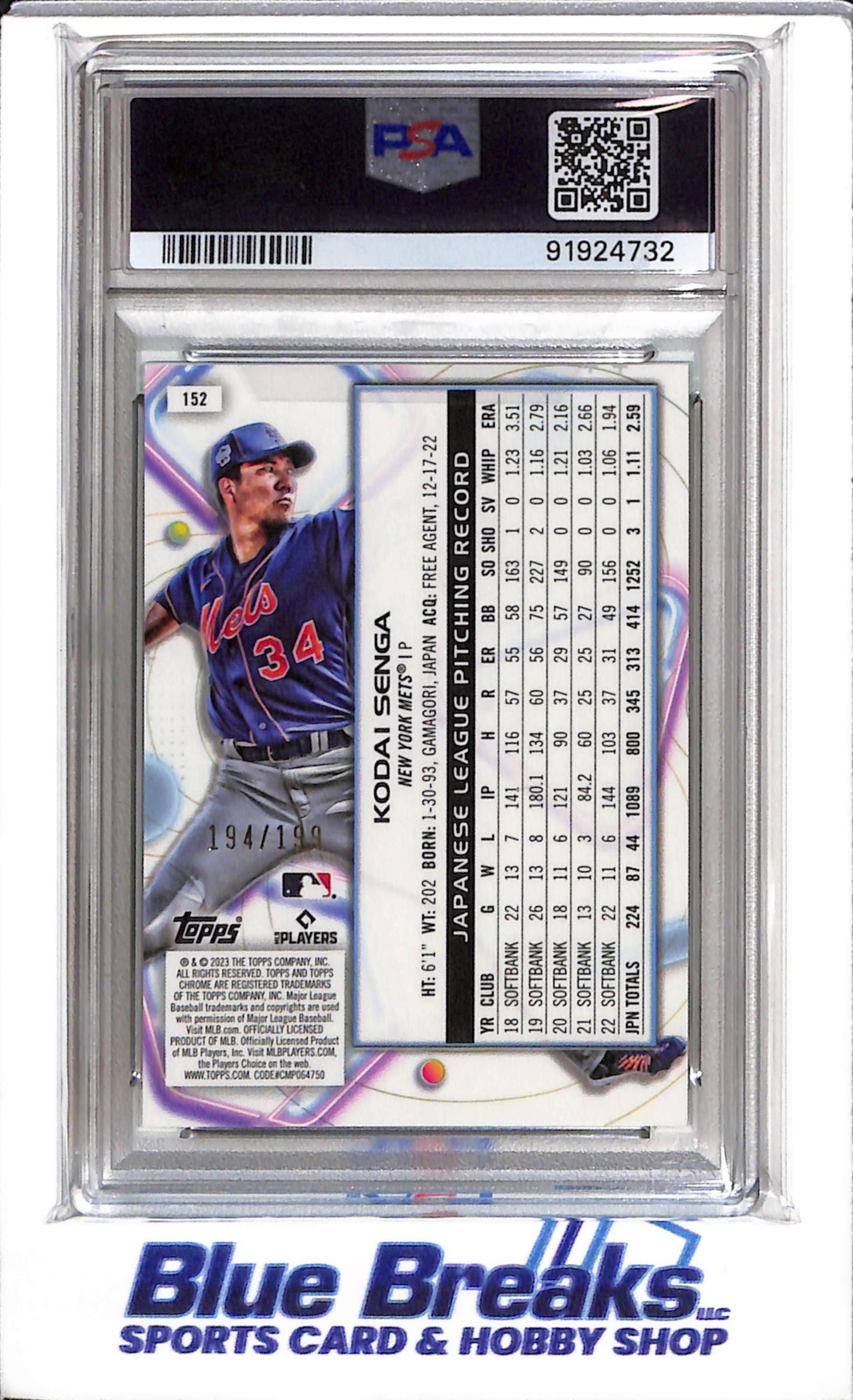 2023 Topps - Chrome - Rookie Card - Cosmic Chrome - Aqua Equinox - Kodai Senga - PSA 10 - 194/199 - #152 - Baseball - Mets - drop