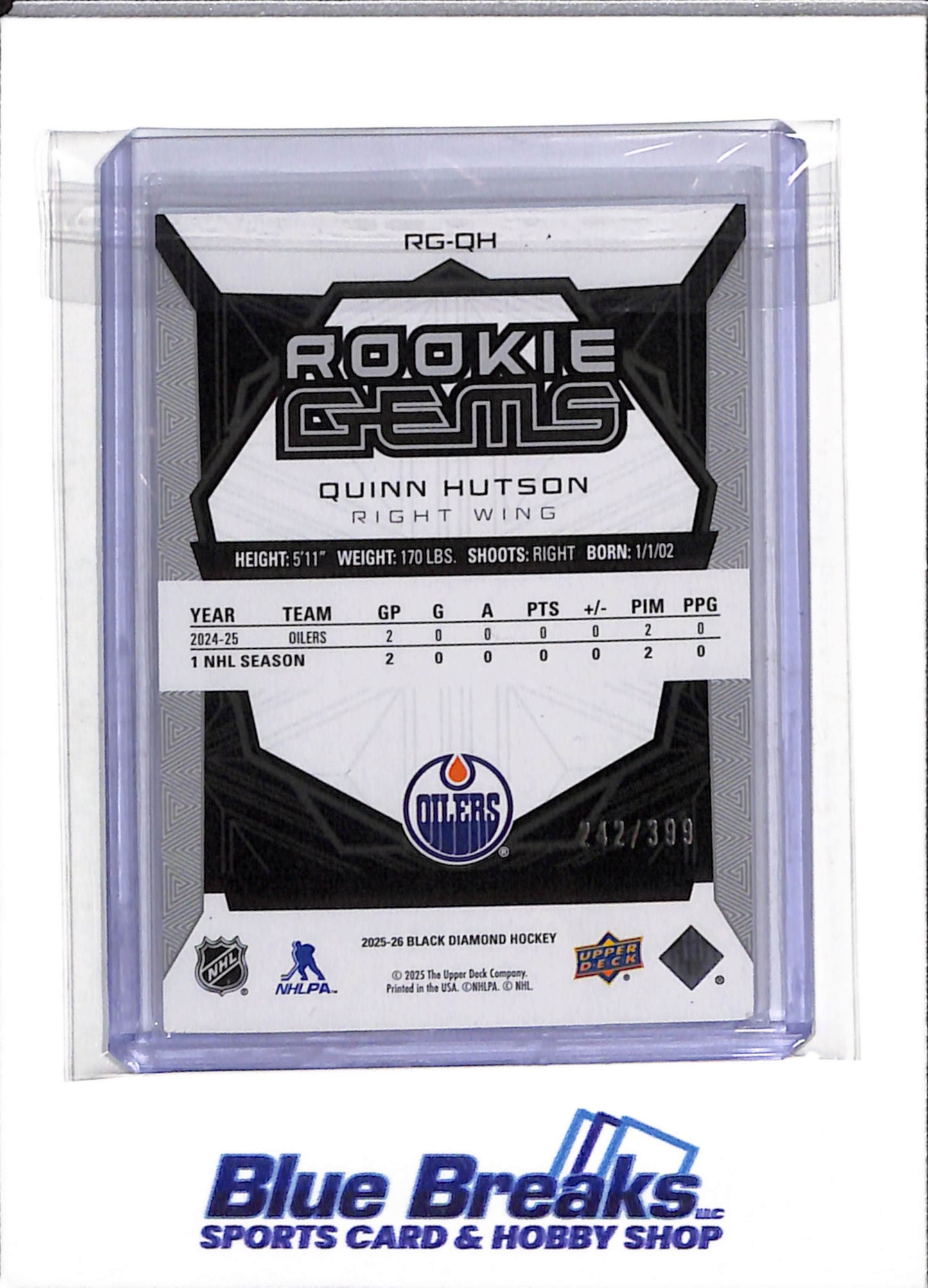 2025-26 Upper Deck - Black Diamond - Rookie Gems - Quinn Hutson - 242/399 - #RG-QH - Ice Hockey - Oilers - drop
