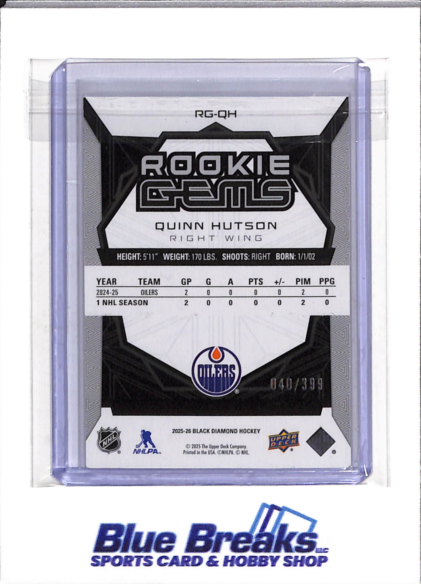 2025-26 Upper Deck - Black Diamond - Rookie Gems - Quinn Hutson - 040/399 - #RG-QH - Ice Hockey - Oilers - drop