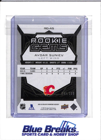 2025-26 Upper Deck - Black Diamond - Rookie Gems - Aydar Suniev - 045/399 - #RG-AS - Ice Hockey - Flames - drop