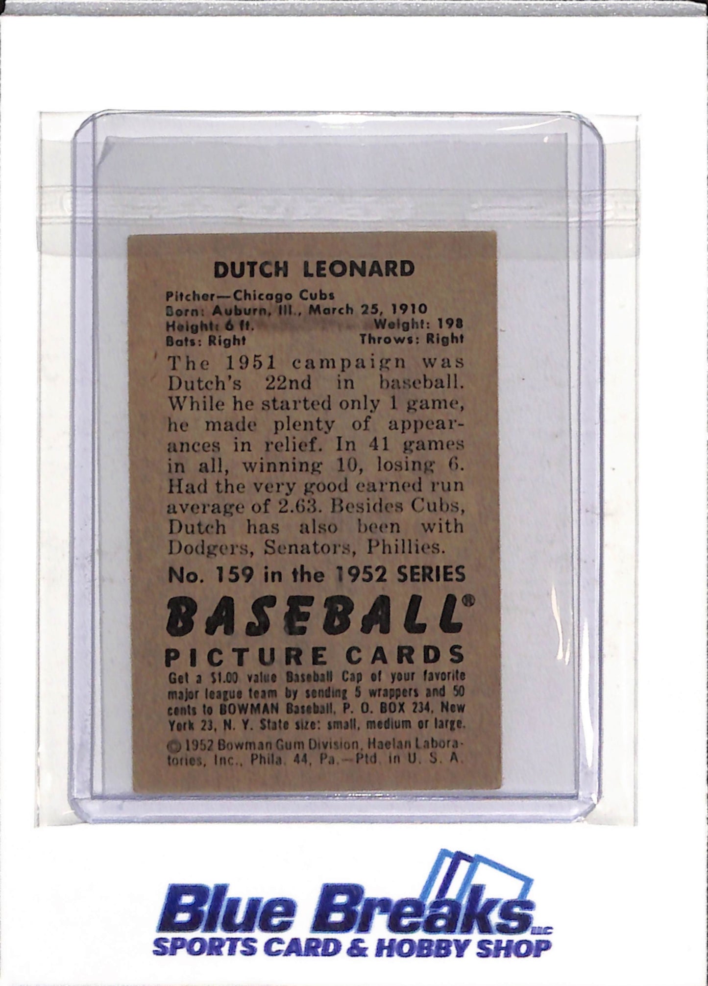 1952 Bowman - Picture Card - Dutch Leonard - #159 - Baseball - Cubs - drop