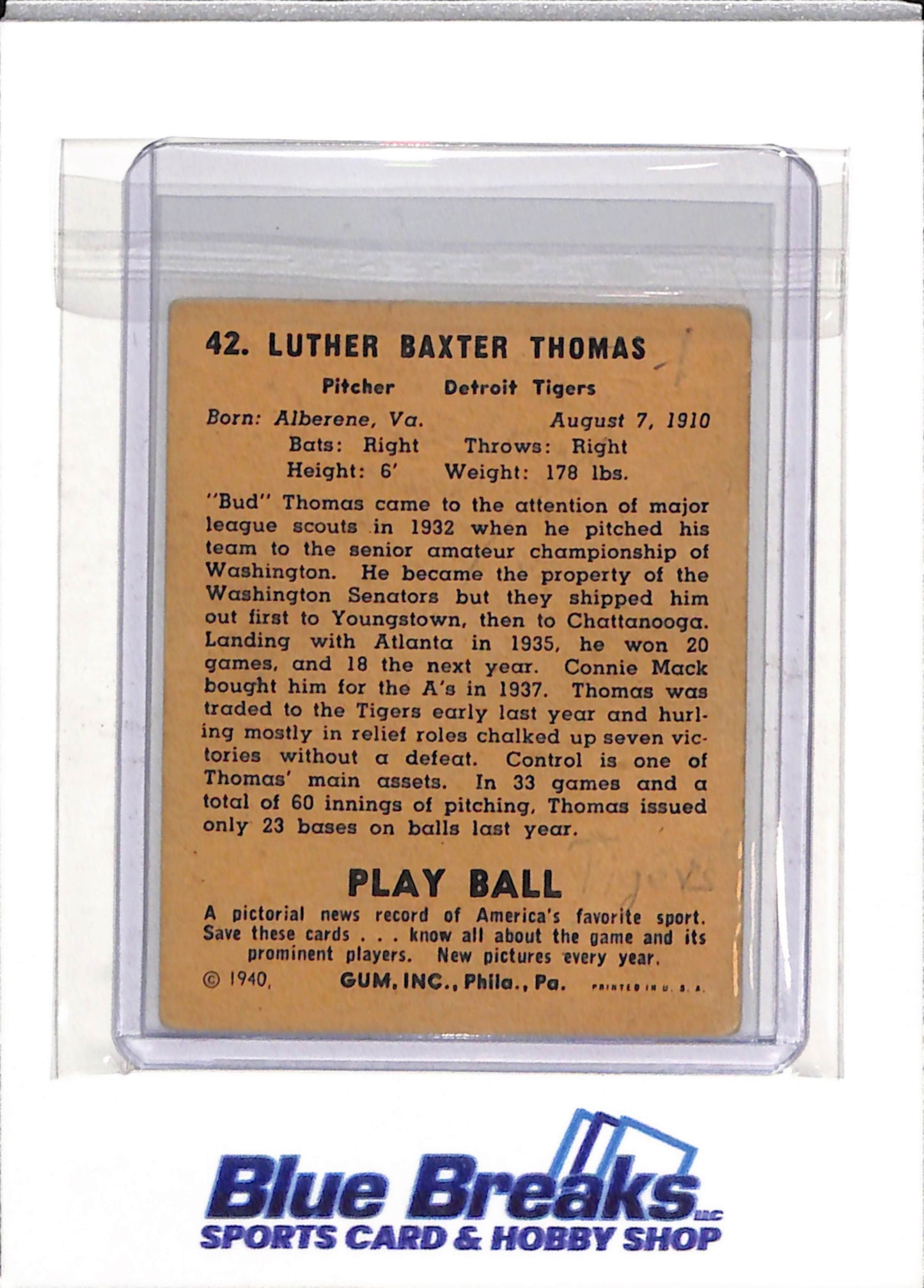 1940 Gum Inc. - Luther Baxter Thomas - #42 - Baseball - Tigers - drop