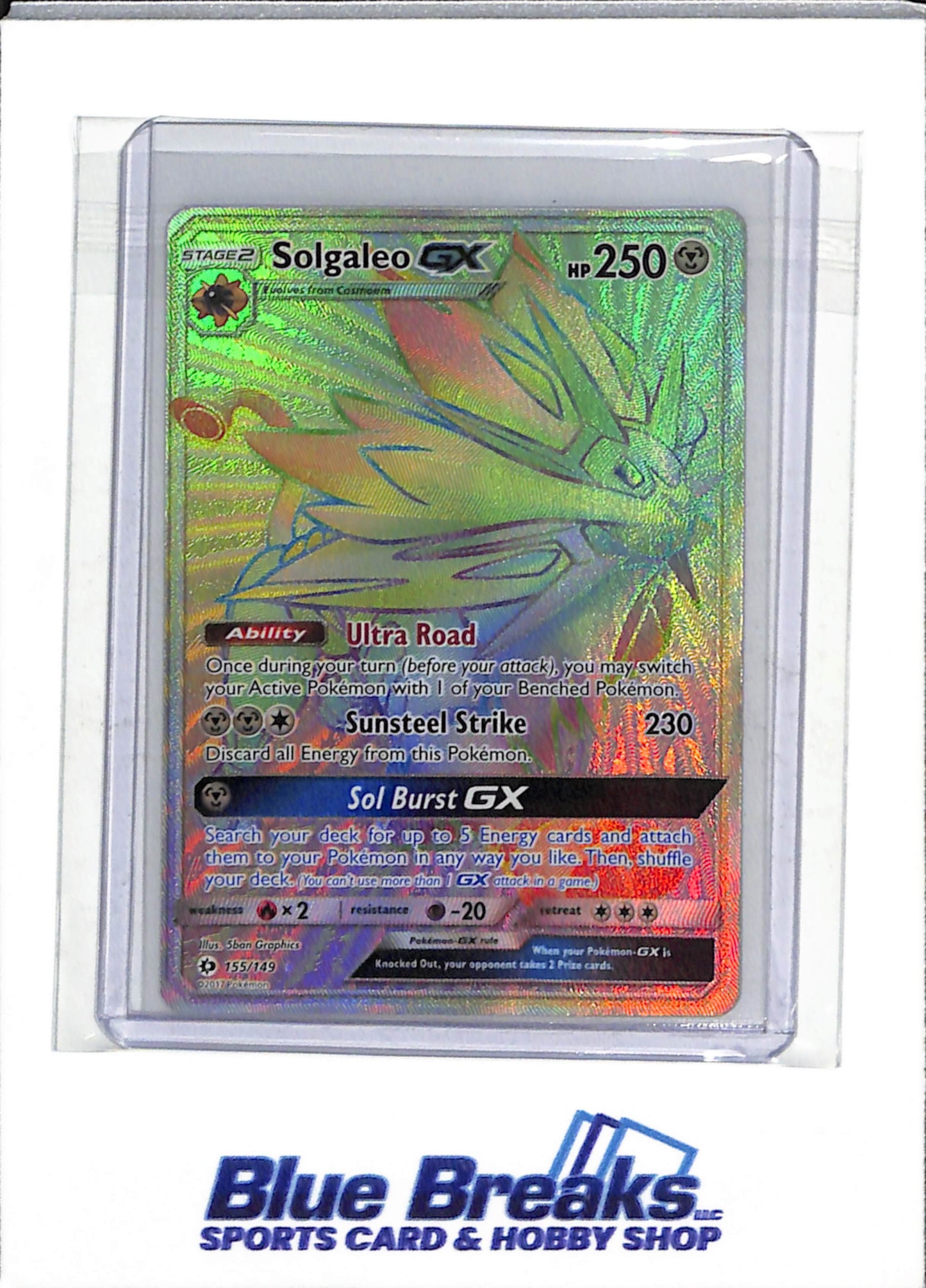 2017 Pokemon - Sun & Moon - Rainbow Foil - Solgaleo gx - #155/149 - drop