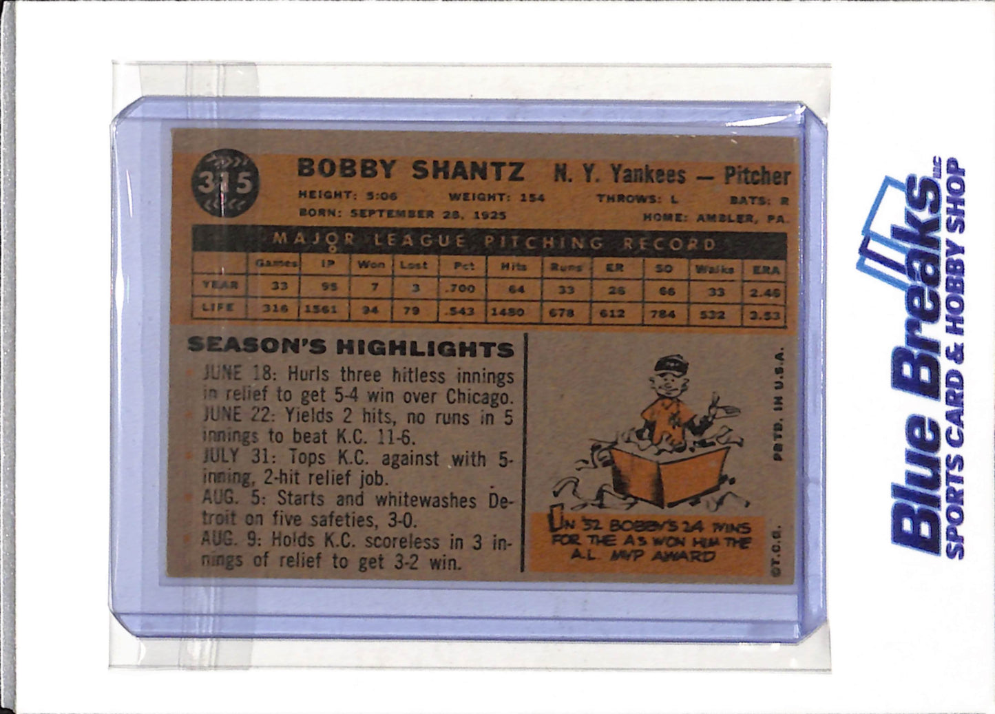 1960 Topps - Bobby Shantz - #315 - Baseball - Yankees - drop