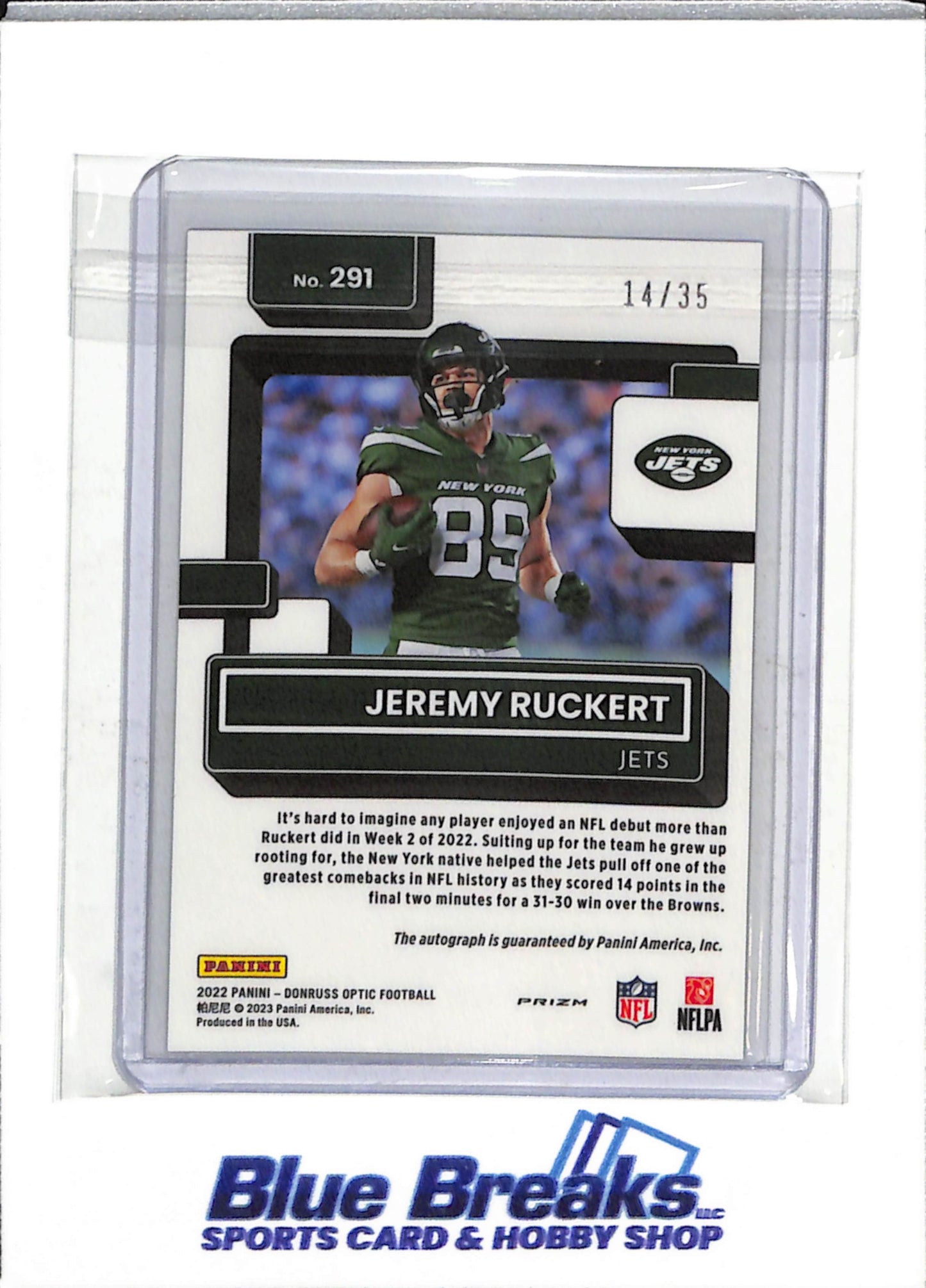 2022 Panini - Optic - Donruss - Purple Foil Auto- Jeremy Ruckert - 14/35 - #291 - Football - Jets - drop