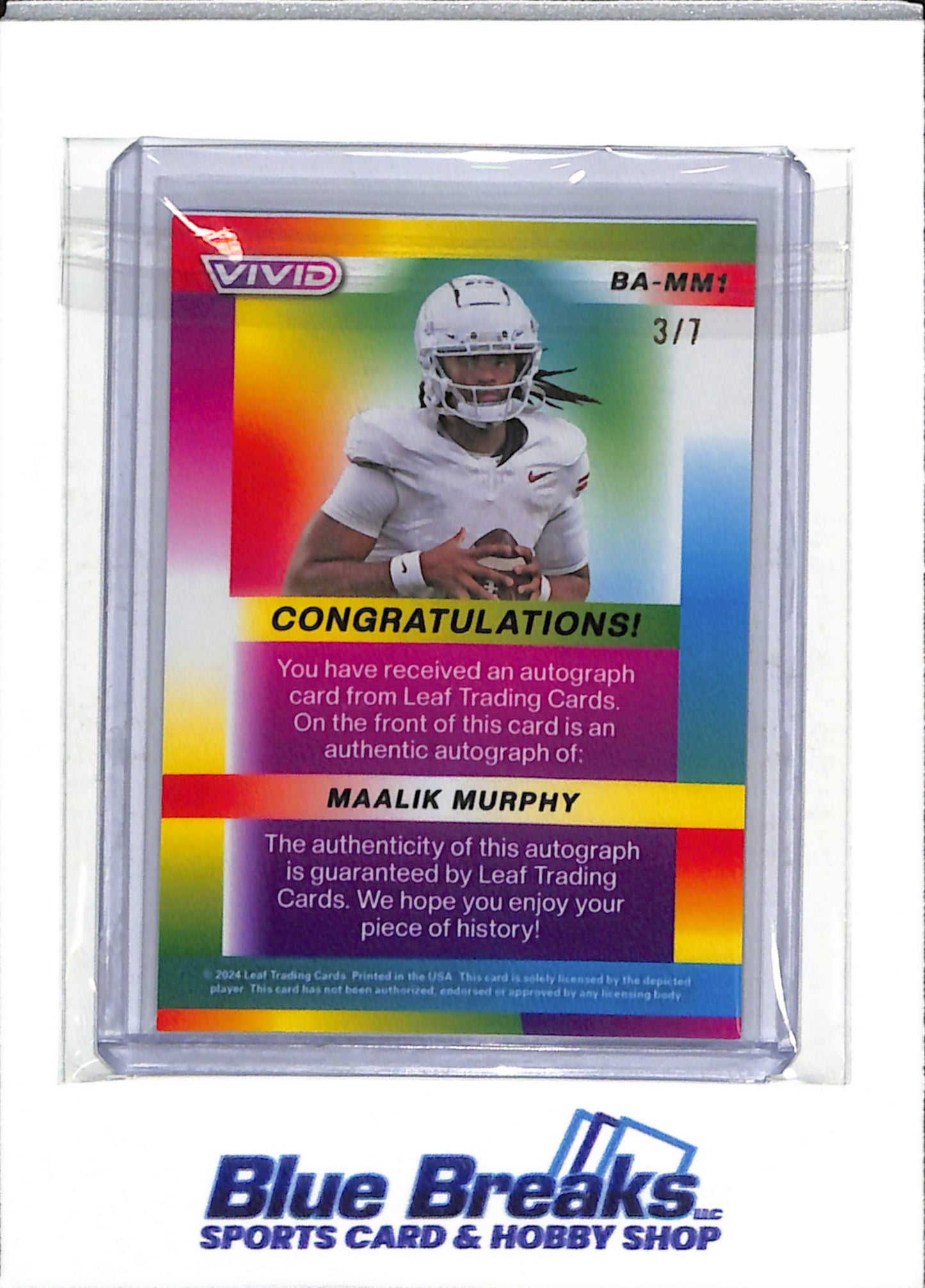 2024 Leaf - Vivid - Auto - Cracked Ice - Maalik Murphy - 3/7 - #BA-MM1 - Football - Orange State - drop