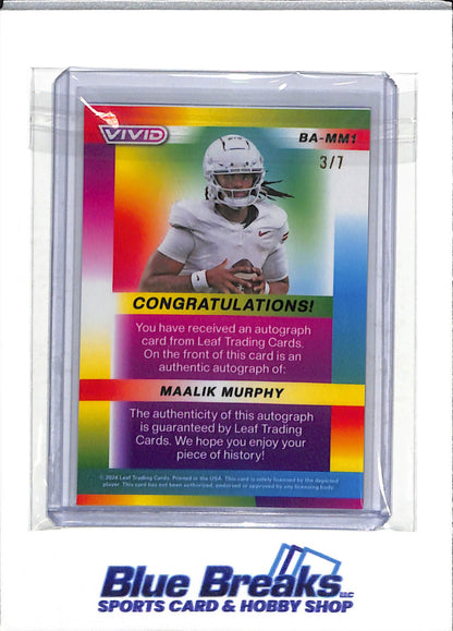 2024 Leaf - Vivid - Auto - Cracked Ice - Maalik Murphy - 3/7 - #BA-MM1 - Football - Orange State - drop