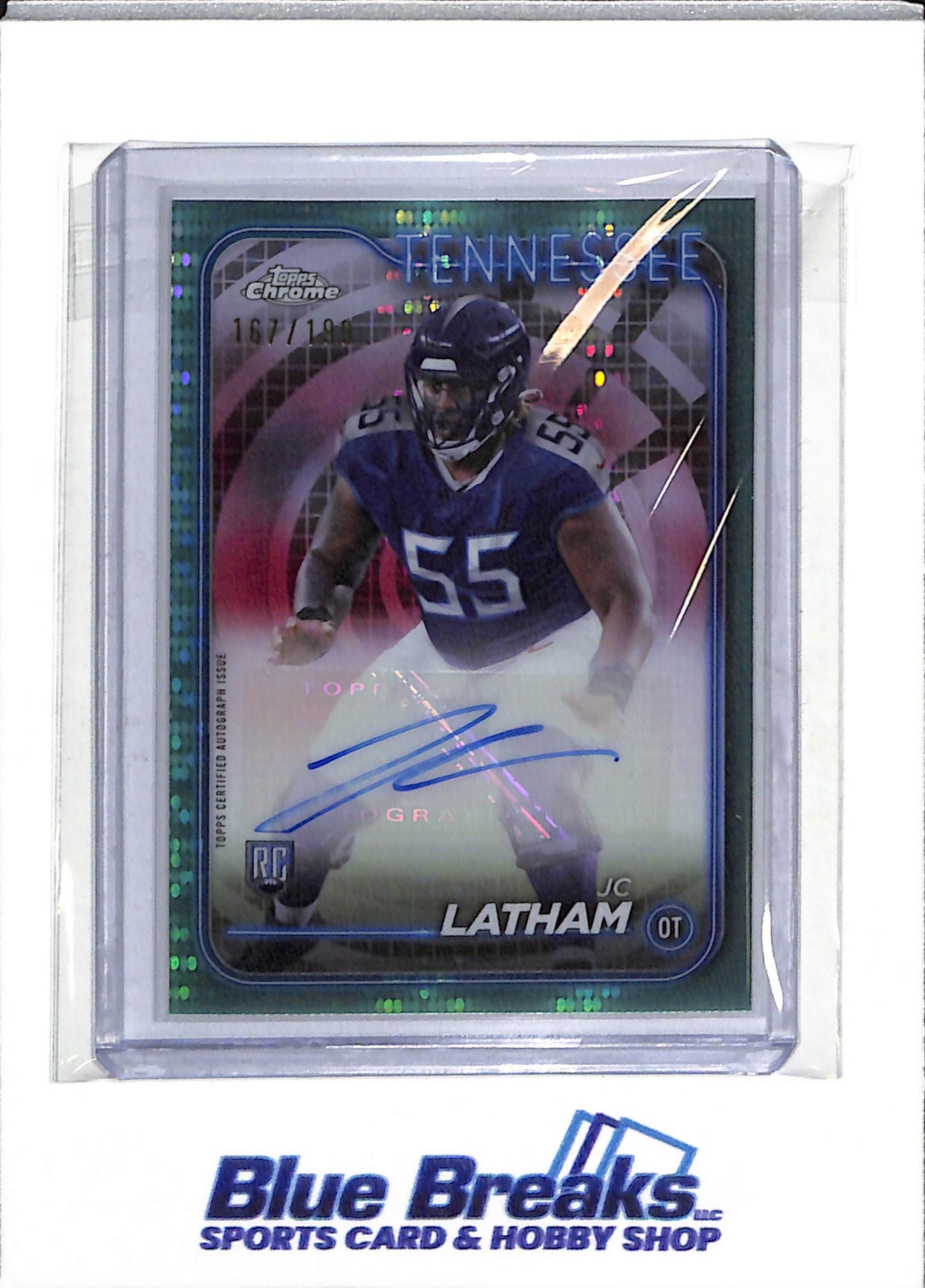 2024 Topps - Chrome - Aqua Border Auto - JC Latham - 167/199 - #RA-JLA - Football - Titans - drop