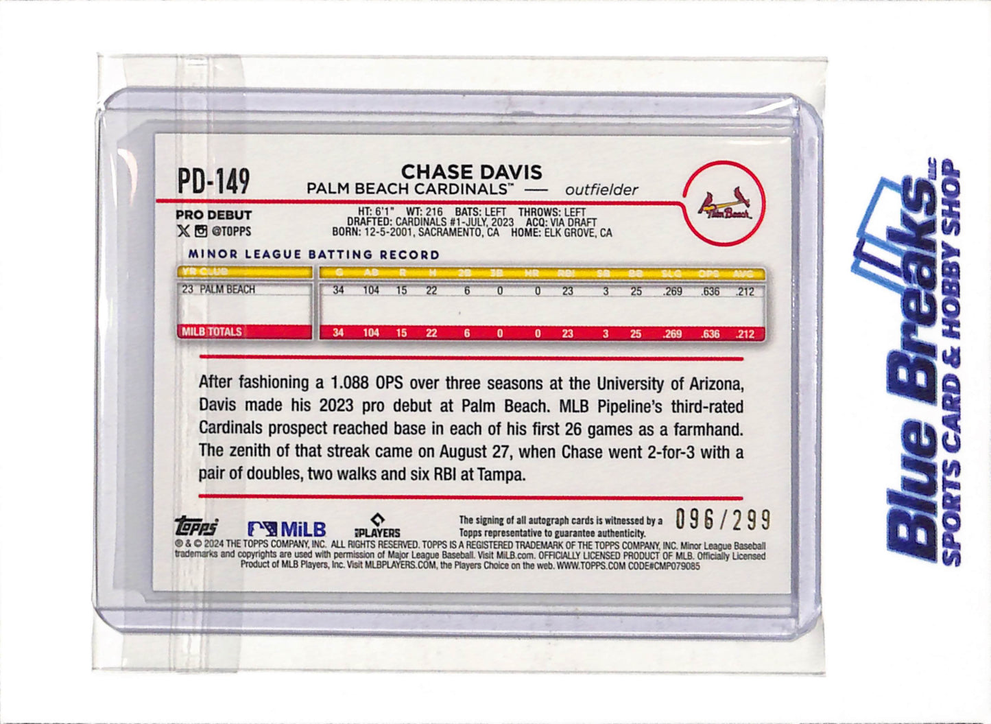 2024 Topps - Pro Debut - Purple Border - Auto - Chase Davis - 096/299 - #PD-149 - Baseball - Cardinals - drop