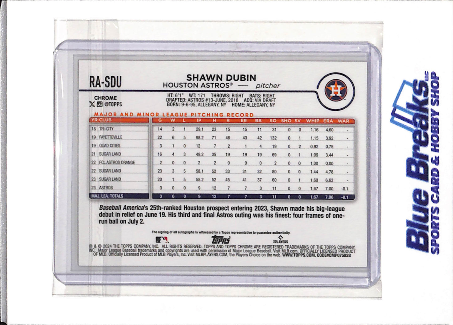 2024 Topps - Chrome - Rookie Card - Gold Border - Shawn Dubin - 07/50 - #RA-SDU - Baseball - Astros - drop