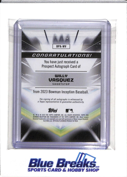 2023 Topps - Bowman - Inception - Auto - Willy Vasquez - 08/50 - #BPA-WV - Baseball - Rays - drop