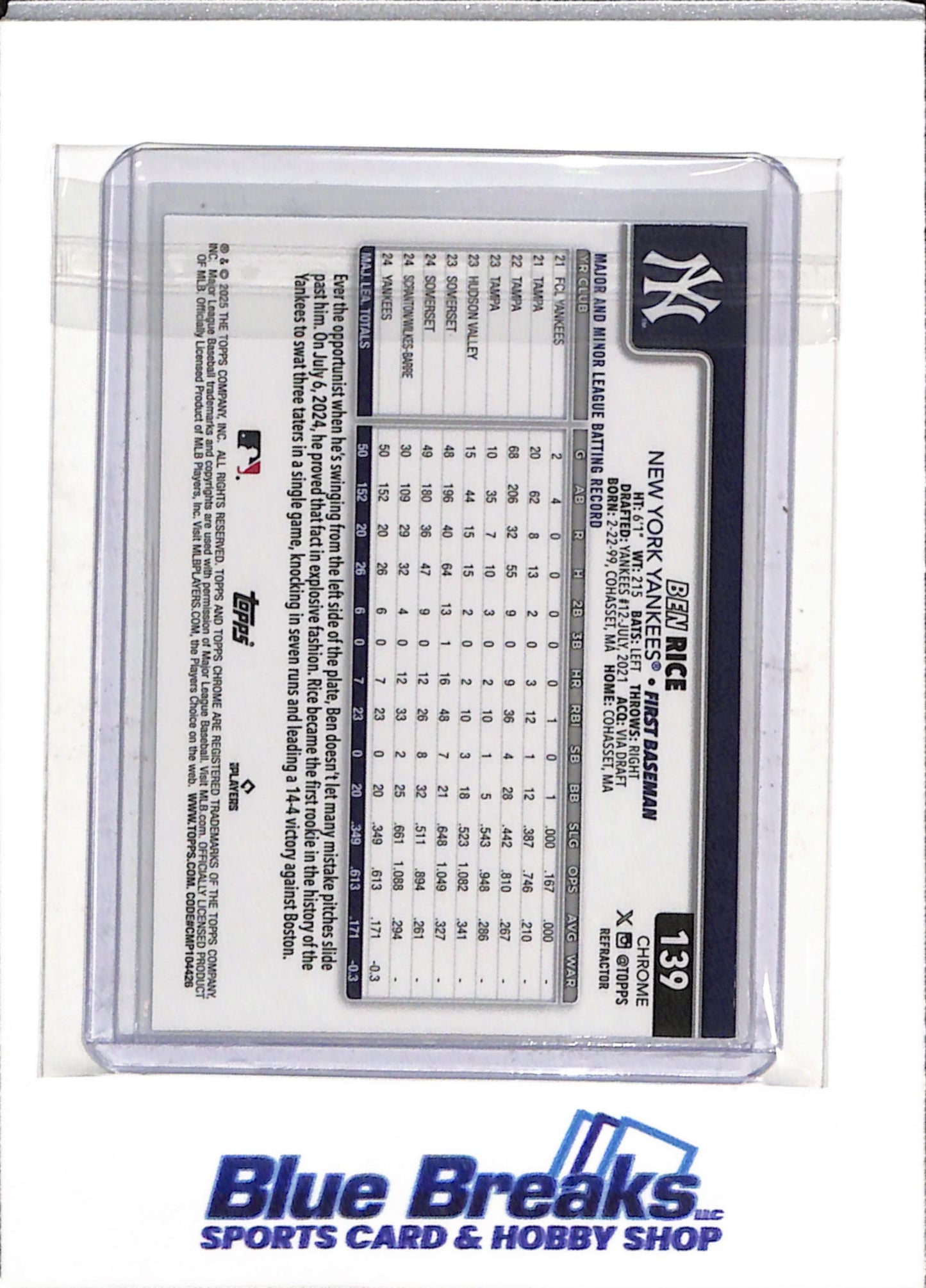 2025 Topps - Chrome - Rookie Card - Silver Refractor - Ben Rice - #139 - Baseball - Yankees - drop