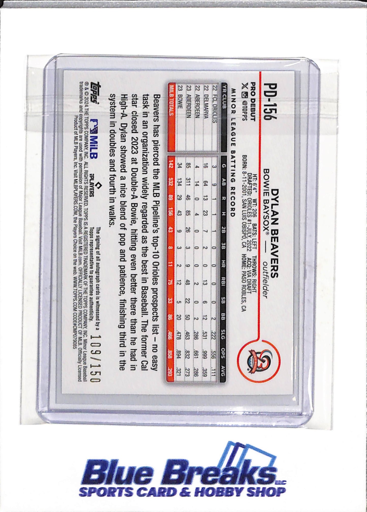 2024 Topps - Pro Debut - Blue Border - Dylan Beavers - 109/150 - #PD-156 - Baseball - Baysox - drop