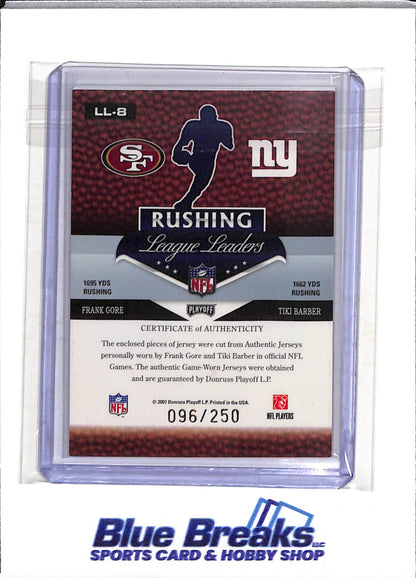 2007 Prestige - Rushing Leaders - Dual Relics - Frank Gore - Tiki Barber - 096/250 - #LL-8 - Football - 49ers - Giants - drop