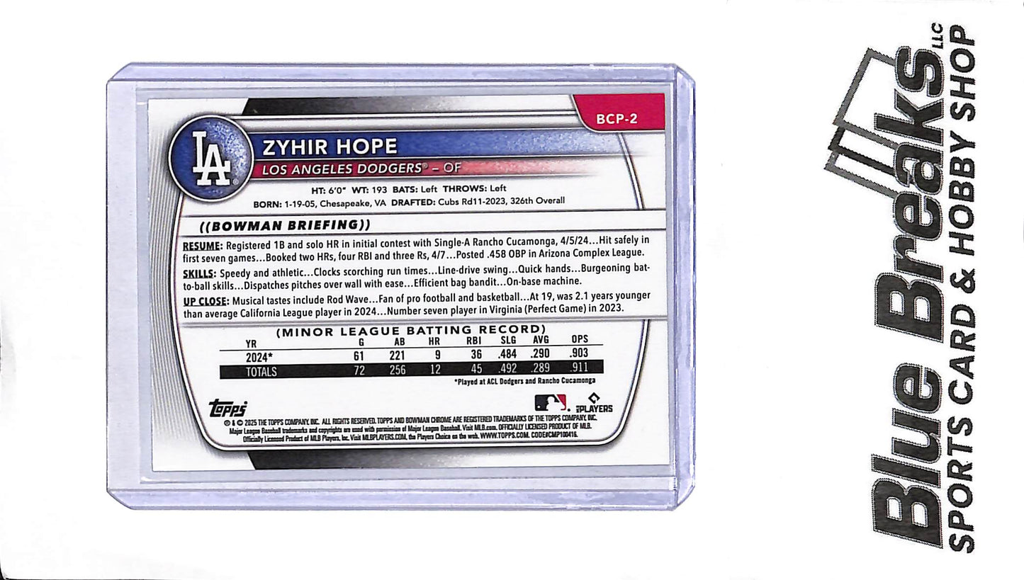 2025 Bowman - Zyhir Hope - BCP-2 - 232/399 - Baseball - Dodgers