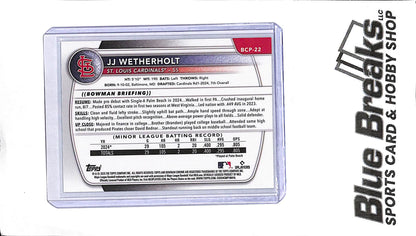 2025 Bowman - JJ Wetherholt - 1st Bowman - BCP-22 - Aqua Xfractor 093/125 - Baseball - Cardinals