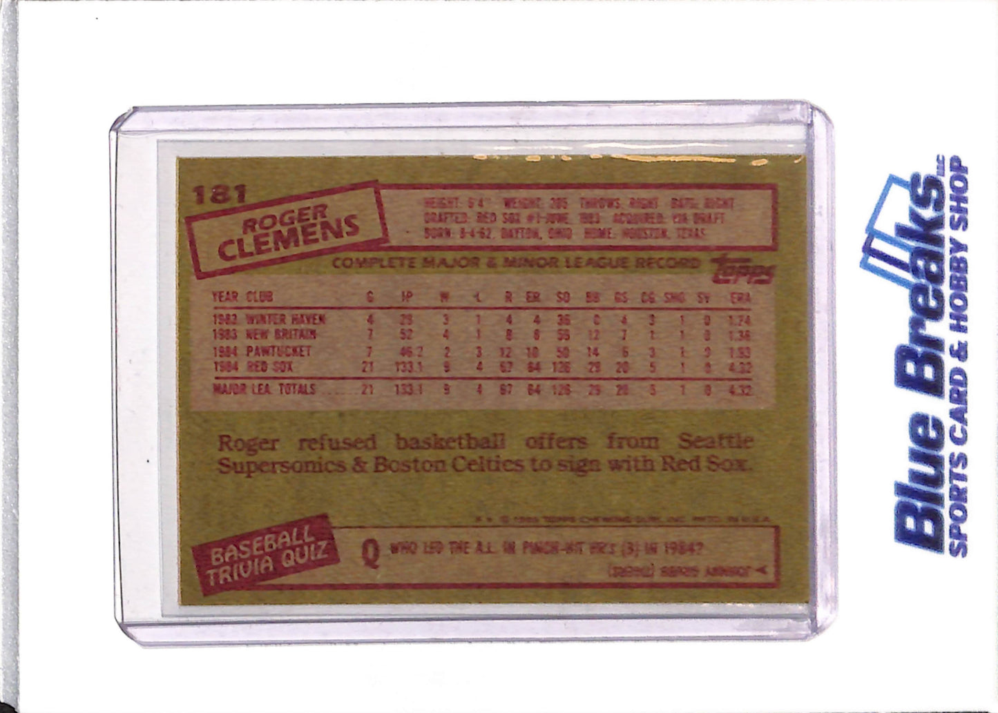 1985 Topps - Roger Clemens - #181 - Baseball - Red Sox - drop