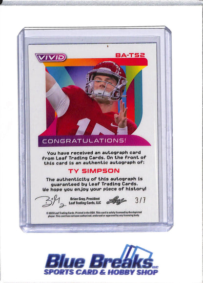 2023 Leaf - Vivid - Refractor - Auto - Ty Simpson - 3/7 - #BA-TS2 - Football - Rams - drop