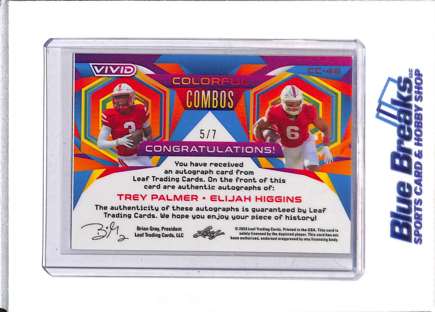 2023 Leaf - Vivid - Colorful Combos - Autos - Trey Palmer - Elijah Higgins - 5/7 - #CC-46 - Football - Saints - Cardinals - drop