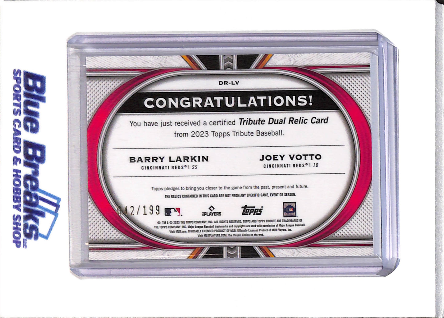 2023 Topps - Tribute Dual Relic Card - Barry Larkin - Joey Votto - 042/199 - #DR-LV - Baseball - Reds - drop