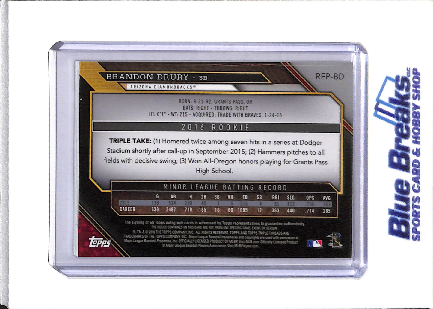 2016 Topps - Rookie Card - Auto - Relic - Brandon Drury - 34/75 - #RFP-BD - Baseball - Diamondbacks - drop