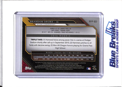 2016 Topps - Rookie Card - Auto - Relic - Brandon Drury - 34/75 - #RFP-BD - Baseball - Diamondbacks - drop