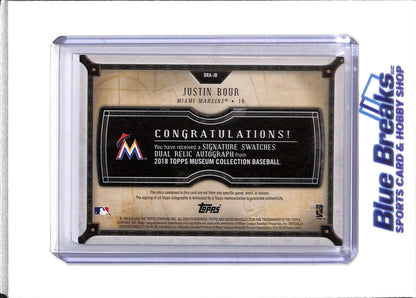 2018 Topps - Signature Swatches - Dual Relic - Auto - Justin Bour - 115/299 - #DRA-JB - Baseball - Marlins - drop