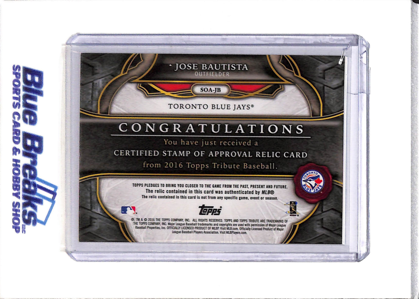 2016 Topps - Tribute - Stamp of Approval - Relic - Jose Bautista - 052/199 - #SOA-JB - Baseball - Blue Jays - drop