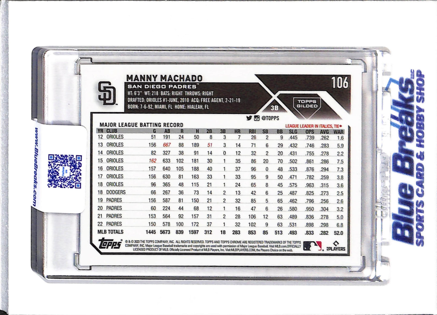 2023 Topps - Chrome - Gold Foil - Manny Machado - 09/10 - #106 - Baseball - Padres - drop