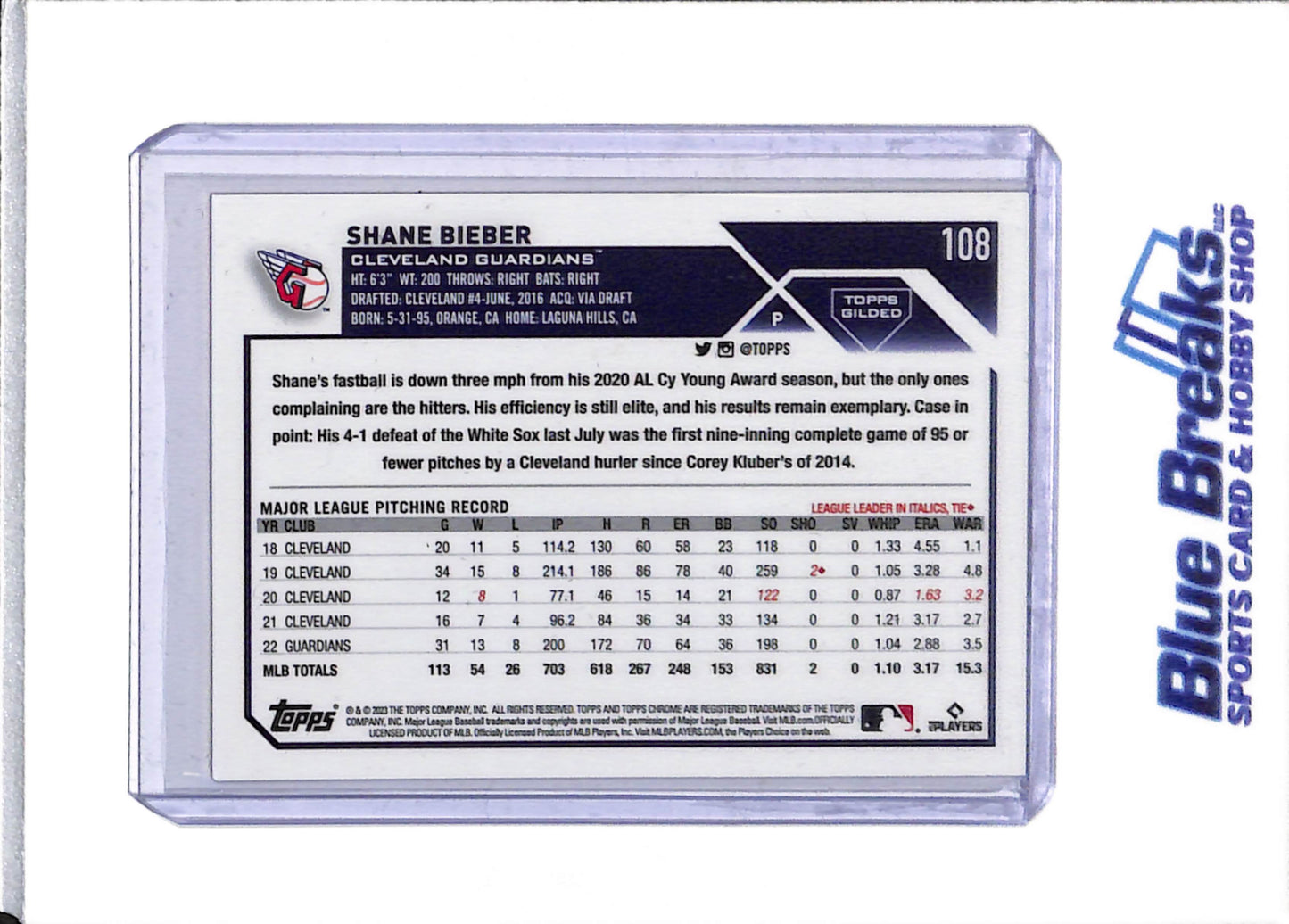 2023 Topps - Chrome - Gold Holo - Shane Bieber - 83/99 - #108 - Baseball - Guardians - drop