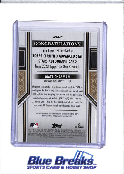 2023 Topps - Tier One - Advanced Stat Stars - Auto - Matt Chapman - 16/25 - #AS-MC - Baseball - Blue Jays - drop